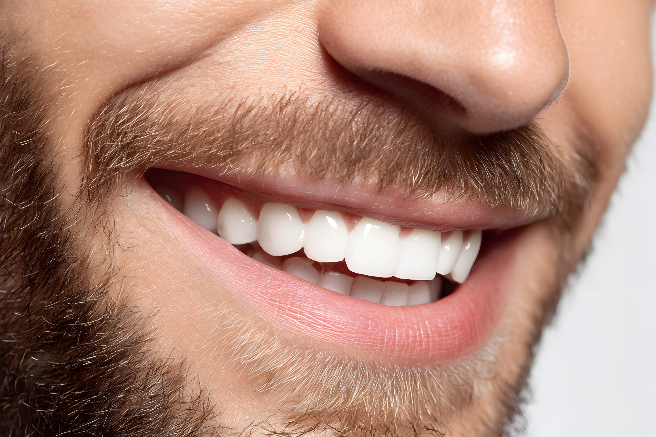 A close-up, intimate portrait reveals a man's radiant smile, the perfect teeth gleaming as a sign of good health, joy and happiness. The focus is on the person's smiling mouth.